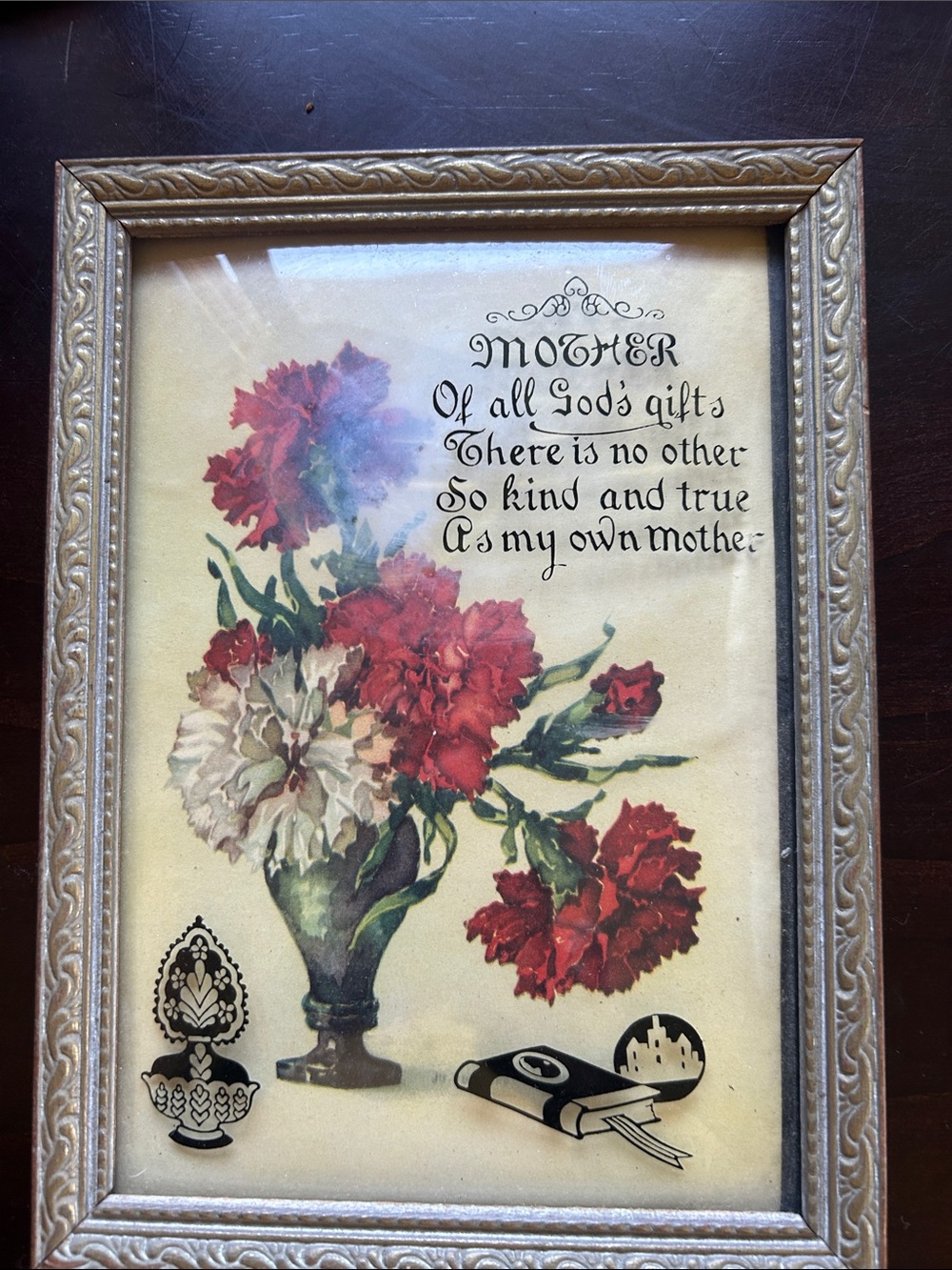 Vintage Bubble Glass Floral 'Mother' Wall Art in Gold Frame